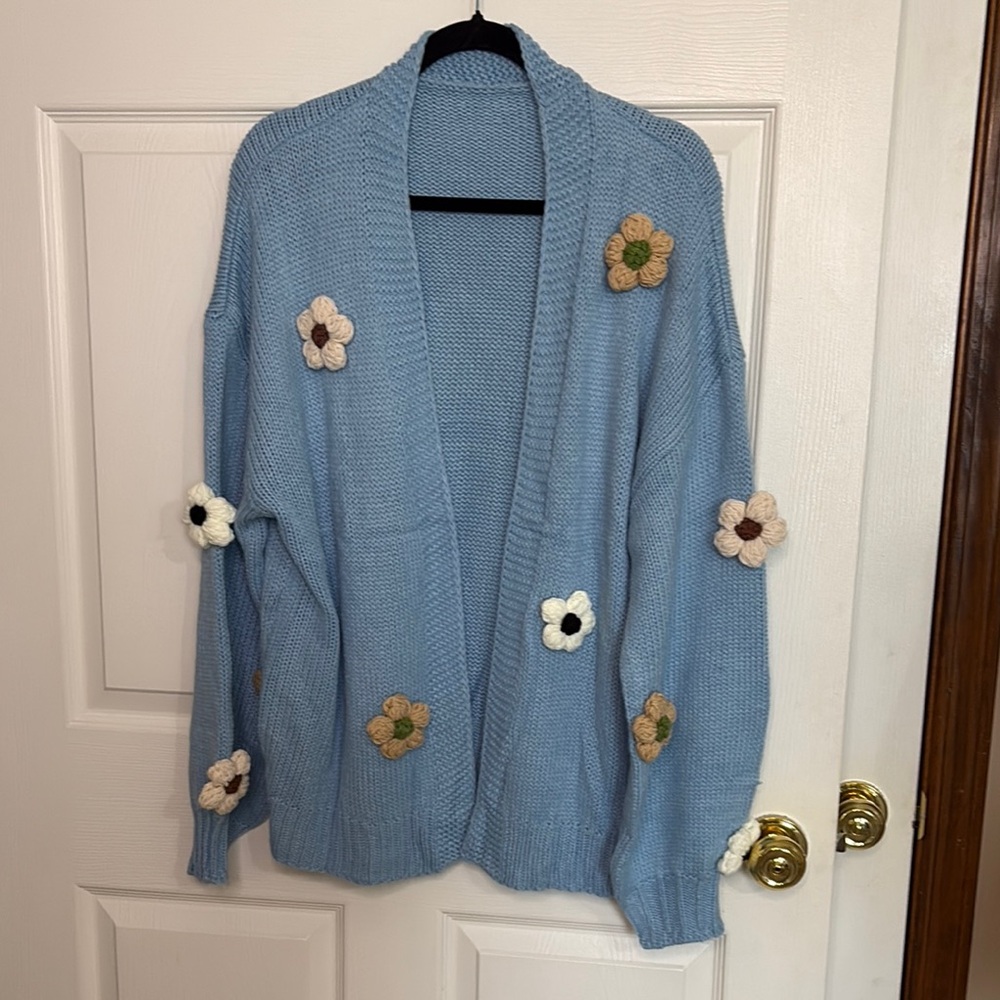 Floral Embellished Blue Sweater